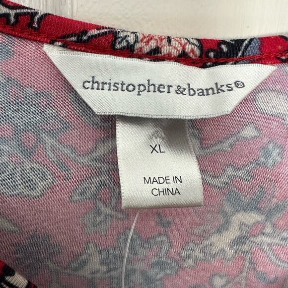 Christopher & Banks Womens XL Dress V Neck Red Floral Stretch Cottage Rayon - Picture 2 of 11
